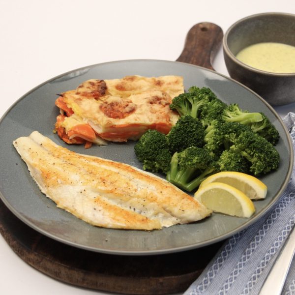 Zeebaars met broccoli en gratin
